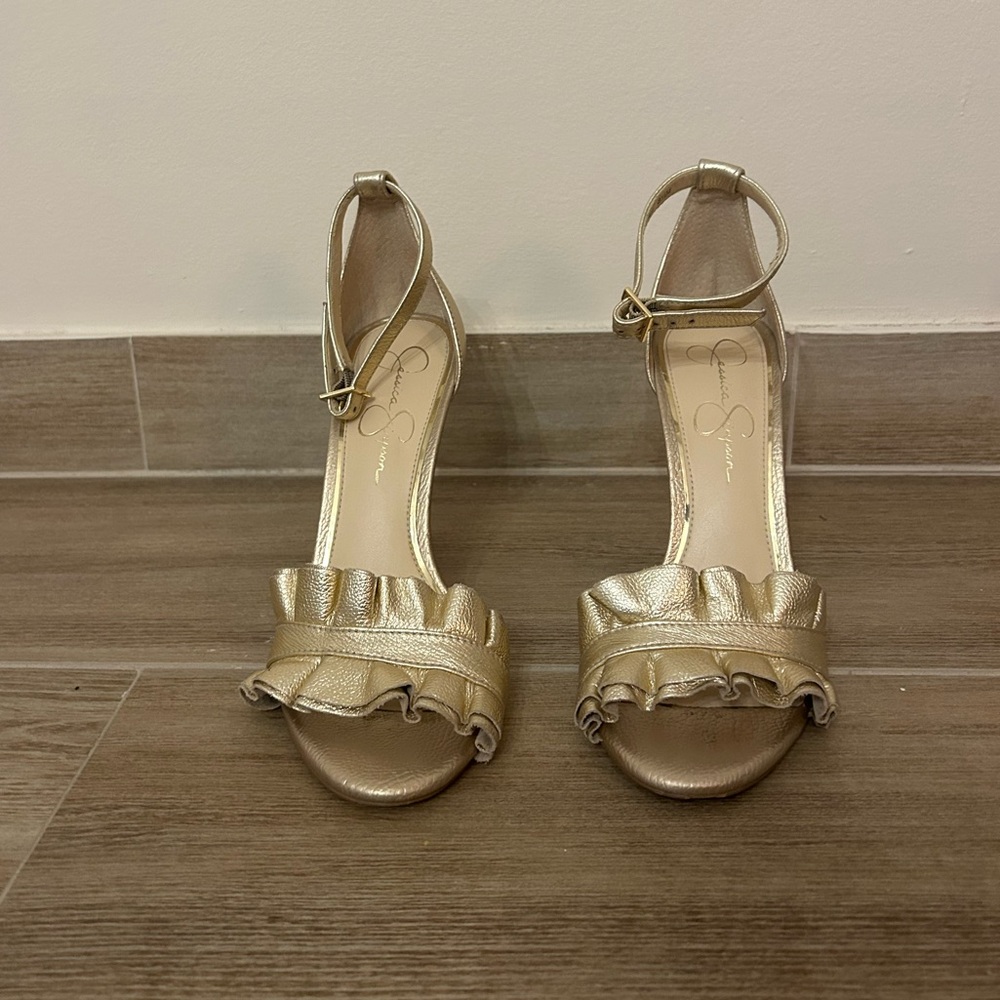 Jessica Simpson Gold Ruffle Ankle Strap Heels